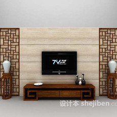 中式棕色电视墙3d模型下载