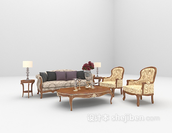 免费浅色欧式组合沙发3d模型下载