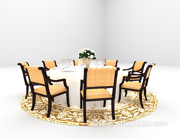 欧式风格欧式棕色带地毯餐桌组合欣赏3d模型下载