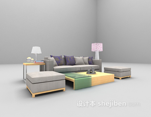 现代木质沙发组合3d模型下载