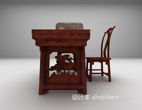 设计本中式木质书桌3d模型下载