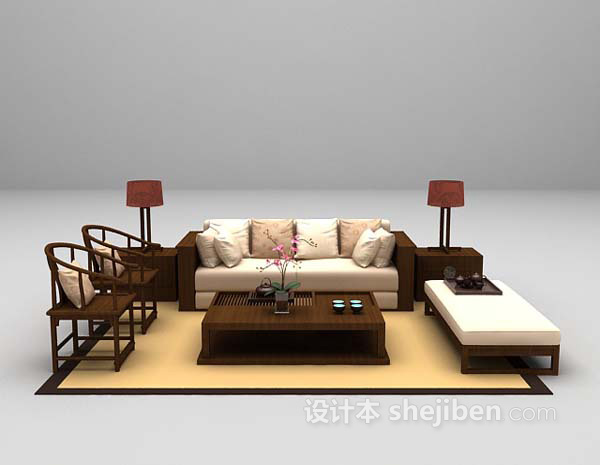 中式风格中式多人沙发3d模型下载