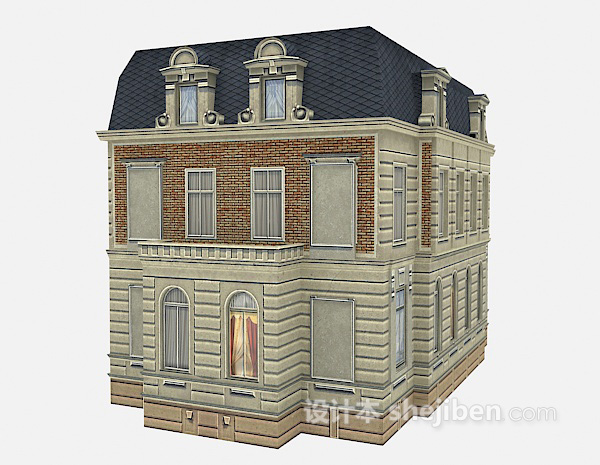 欧式风格欧式蓝色屋顶别墅3d模型下载