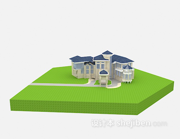 设计本蓝色屋顶别墅3d模型下载