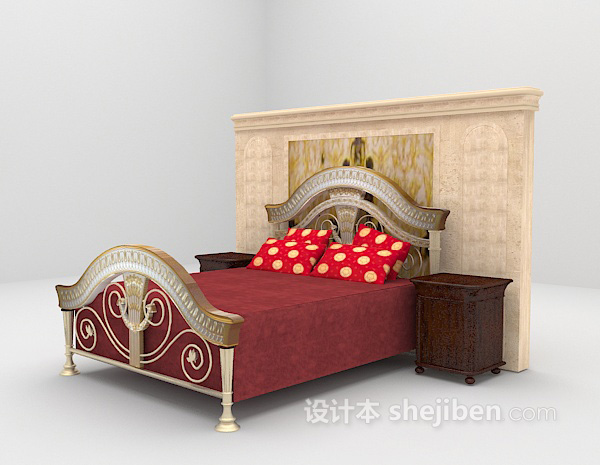 免费红色欧式床组合3d模型下载