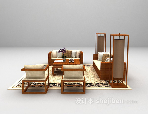 中式风格木质沙发3d模型下载