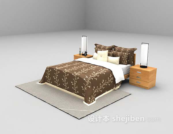 免费现代灰色双人床3d模型下载