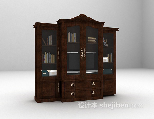 棕色木质书柜模型下载
