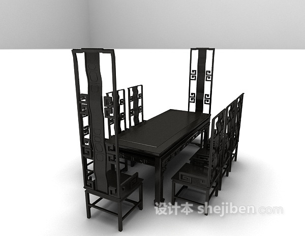 中式风格黑色中式餐桌椅组合3d模型下载