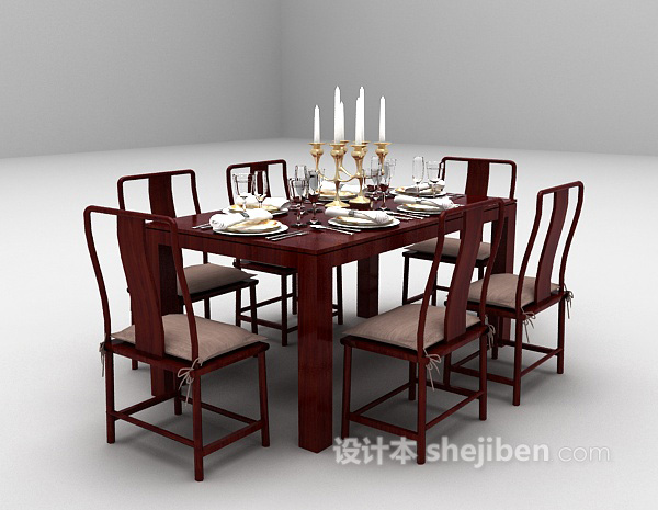 中式风格红色餐桌椅组合3d模型下载
