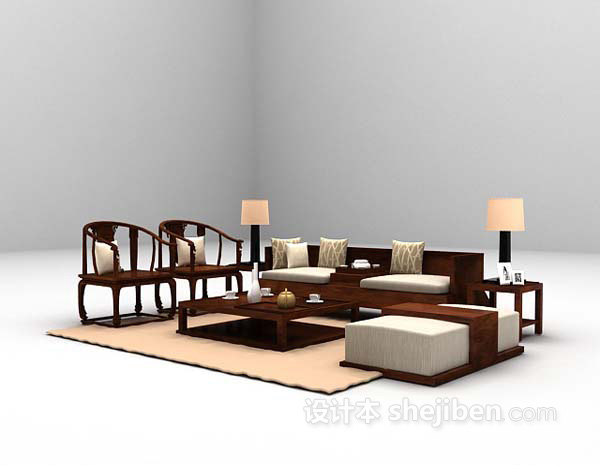 免费中式木质沙发3d模型下载
