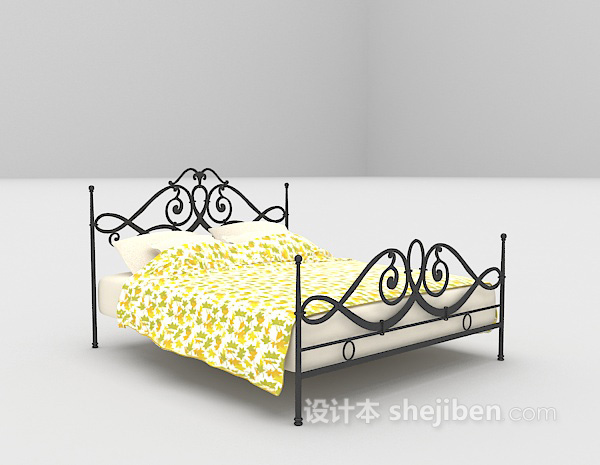 黄色欧式铁艺床max床3d模型下载
