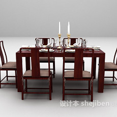 红色餐桌椅组合3d模型下载