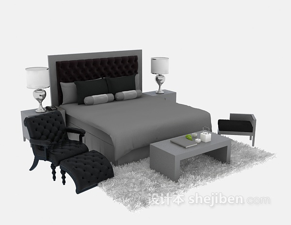 简欧风格双人床免费3d模型下载