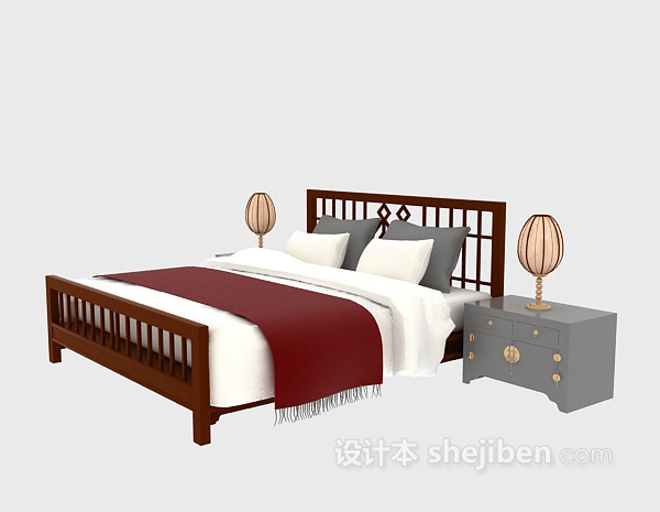 中式木床3d模型下载