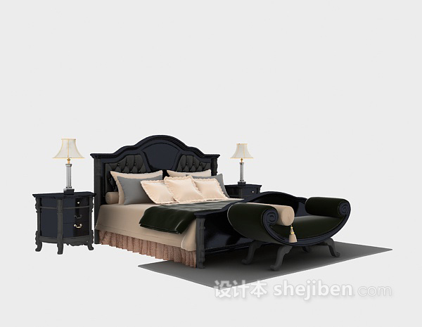 黑色木质双人床3d模型下载
