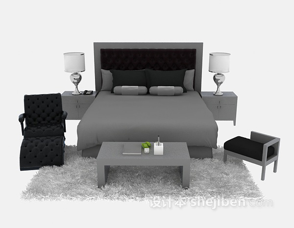 免费简欧风格双人床免费3d模型下载