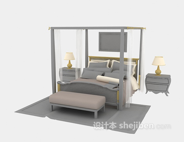 免费木质欧式床3d模型下载