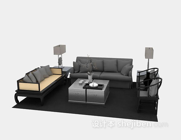免费中式风格多人沙发3d模型下载