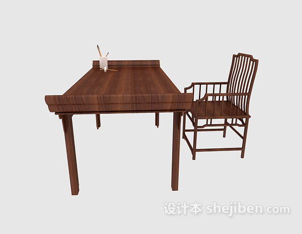 中式风格棕色实木中式条案书桌3d模型下载