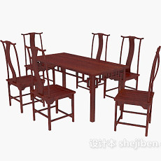 中式风格多人桌椅组合3d模型下载
