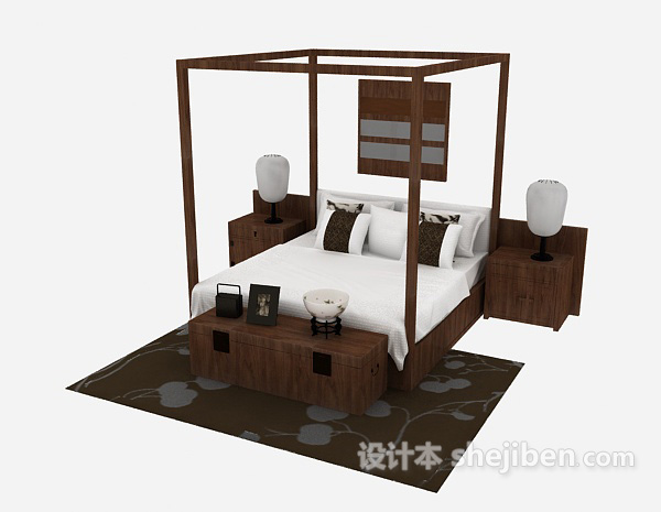 免费中式风格双人床3d模型下载