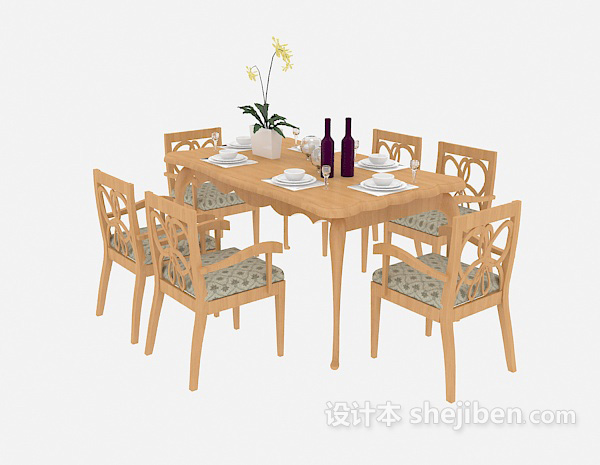 实木家居餐桌椅组合3d模型下载