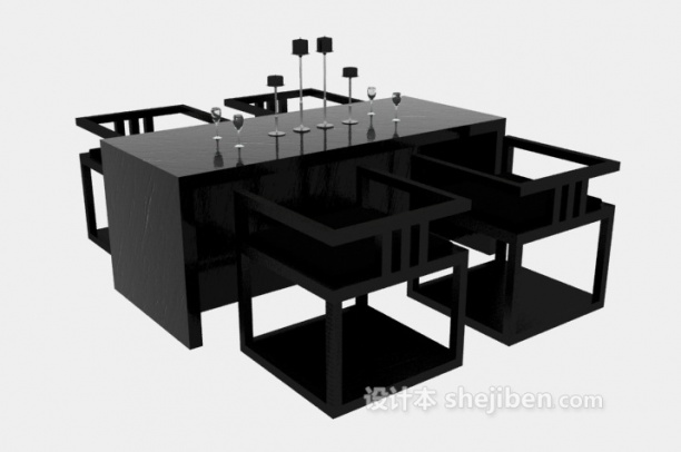 中式黑色餐桌椅3d模型下载