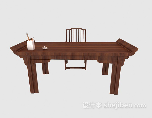 免费棕色实木中式条案书桌3d模型下载