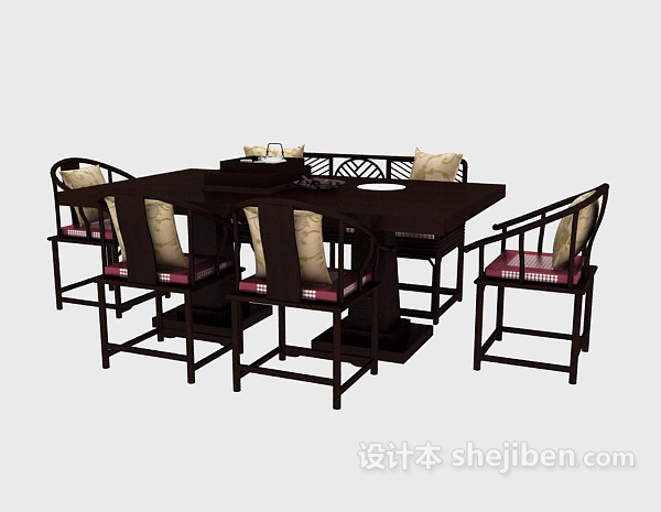 中式风格中式实木餐桌椅3d模型下载