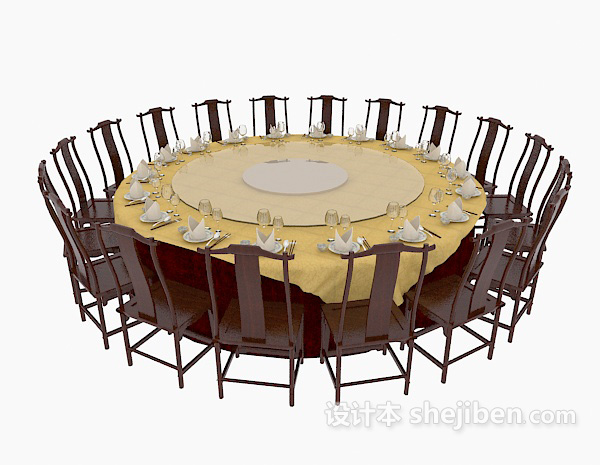 大型中式餐桌椅组合3d模型下载
