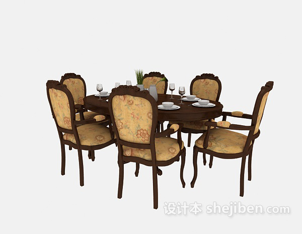 其它美式豪华实木餐桌3d模型下载