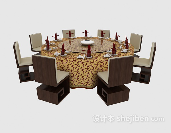 中式古典餐桌餐椅3d模型下载