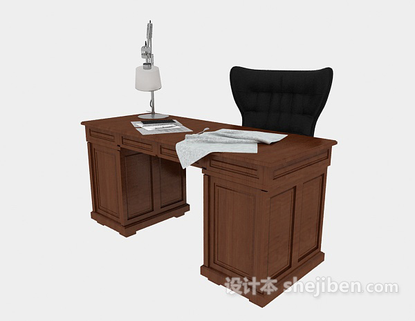 传统实木办公桌3d模型下载