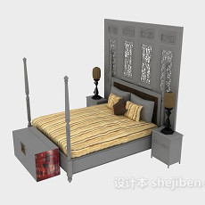 中式传统双人床3d模型下载