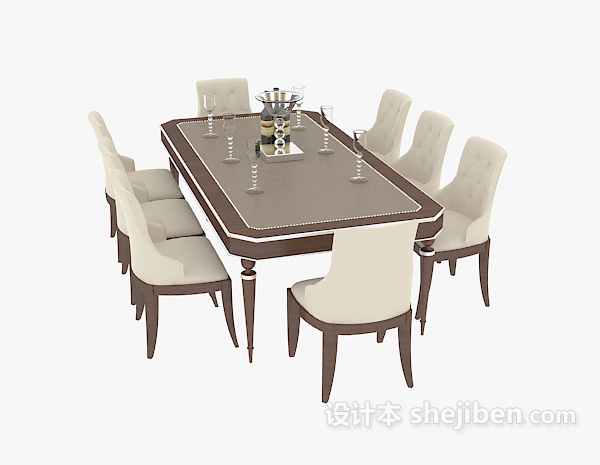地中海风格家庭实木餐桌餐椅3d模型下载