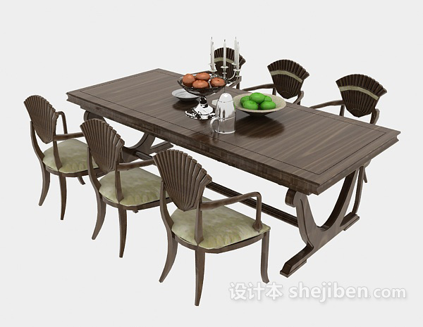 棕色实木餐桌3d模型下载