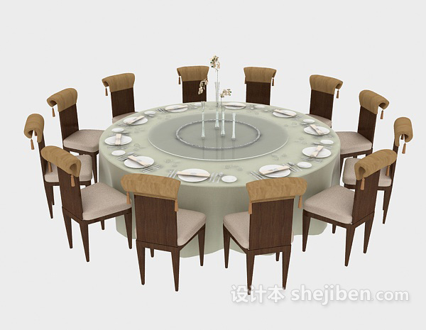 免费中式圆形餐桌餐椅3d模型下载