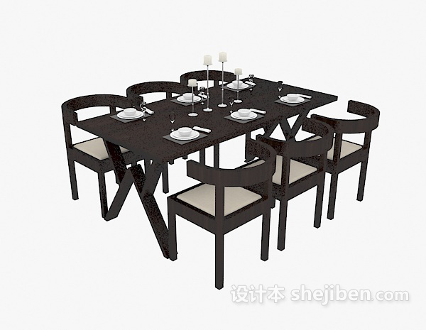 现代风格中式六人餐桌3d模型下载
