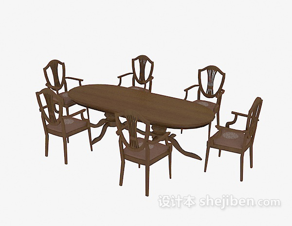 免费实木餐桌椅组合3d模型下载