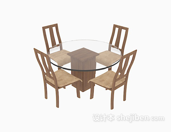 现代风格玻璃圆桌、实木椅子3d模型下载