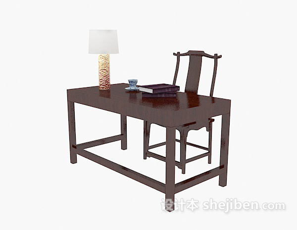 中式红木书桌3d模型下载