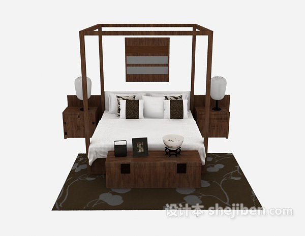 中式风格中式风格双人床3d模型下载