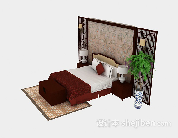 中式木质双人床3d模型下载