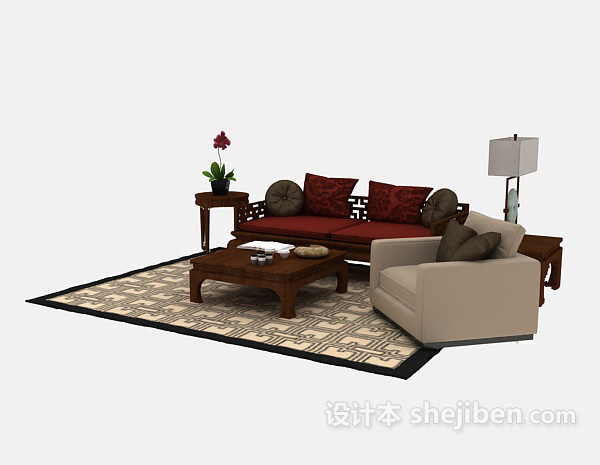 免费中式组合 沙发3d模型下载