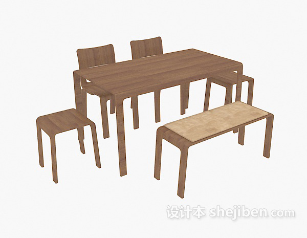 免费田园实木餐桌椅组合3d模型下载