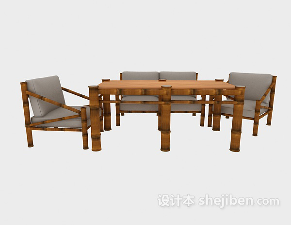 田园风格原木桌椅3d模型下载