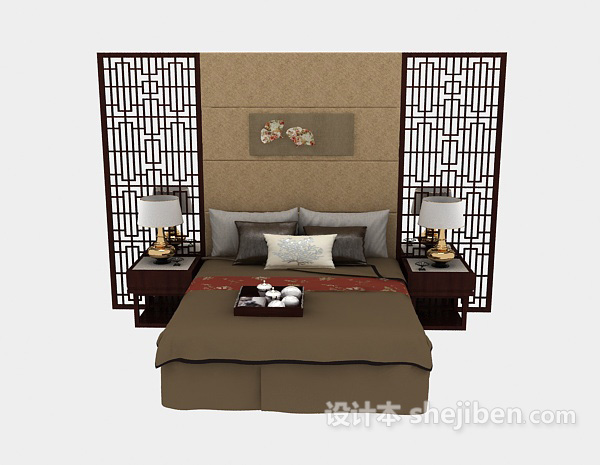 中式风格中式 风格 双人床3d模型下载