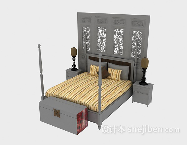 免费中式传统双人床3d模型下载