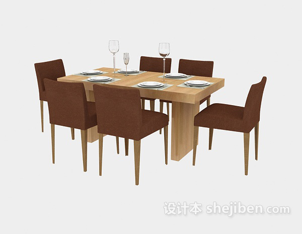 现代风格田园风格实木餐桌和餐椅3d模型下载